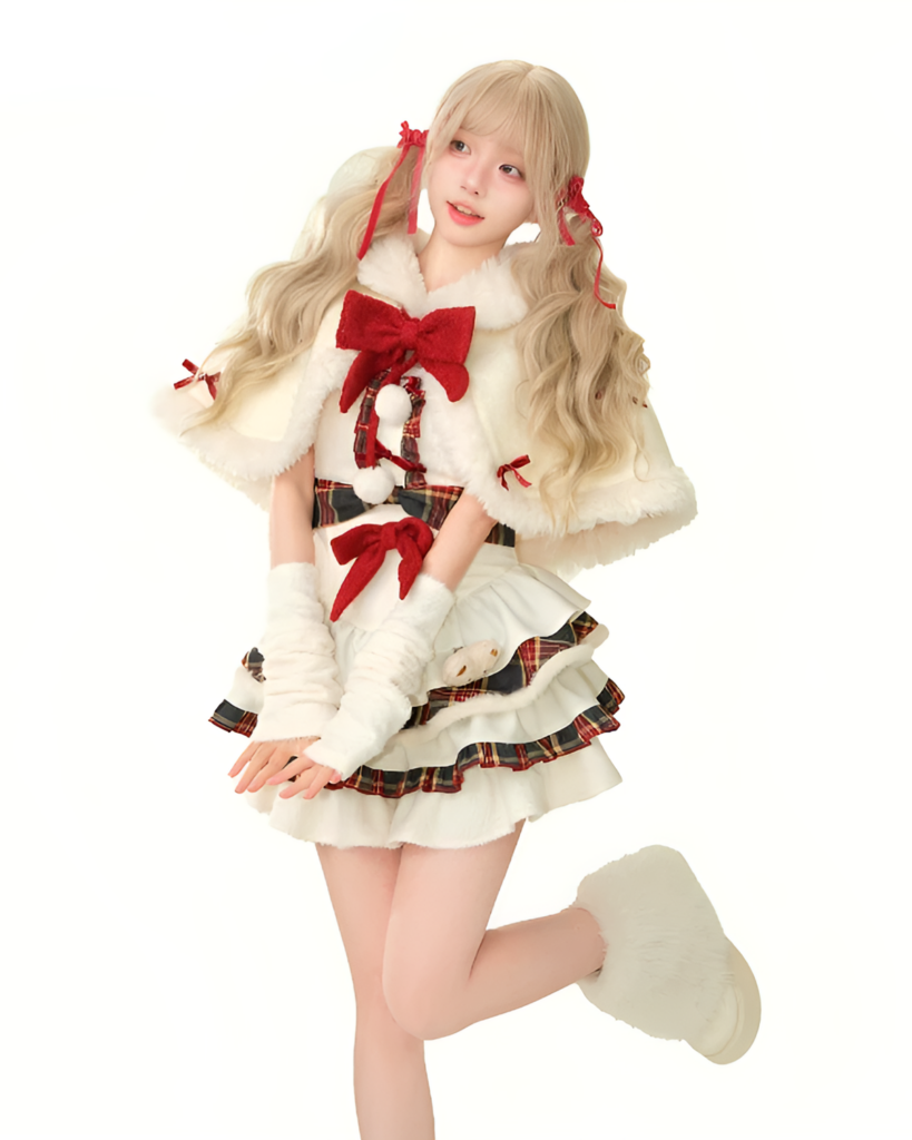 Young woman wearing a Sweet Lolita Christmas Dress, featuring a white fur coat and plaid skirt.