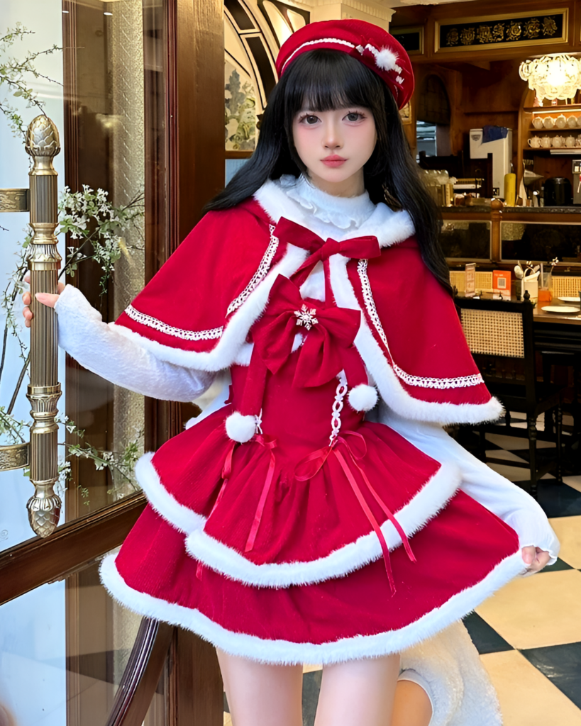 Model wearing a Sweet Lolita dress in crimson red with white fur trim and a matching hat. Ideal for winter events.