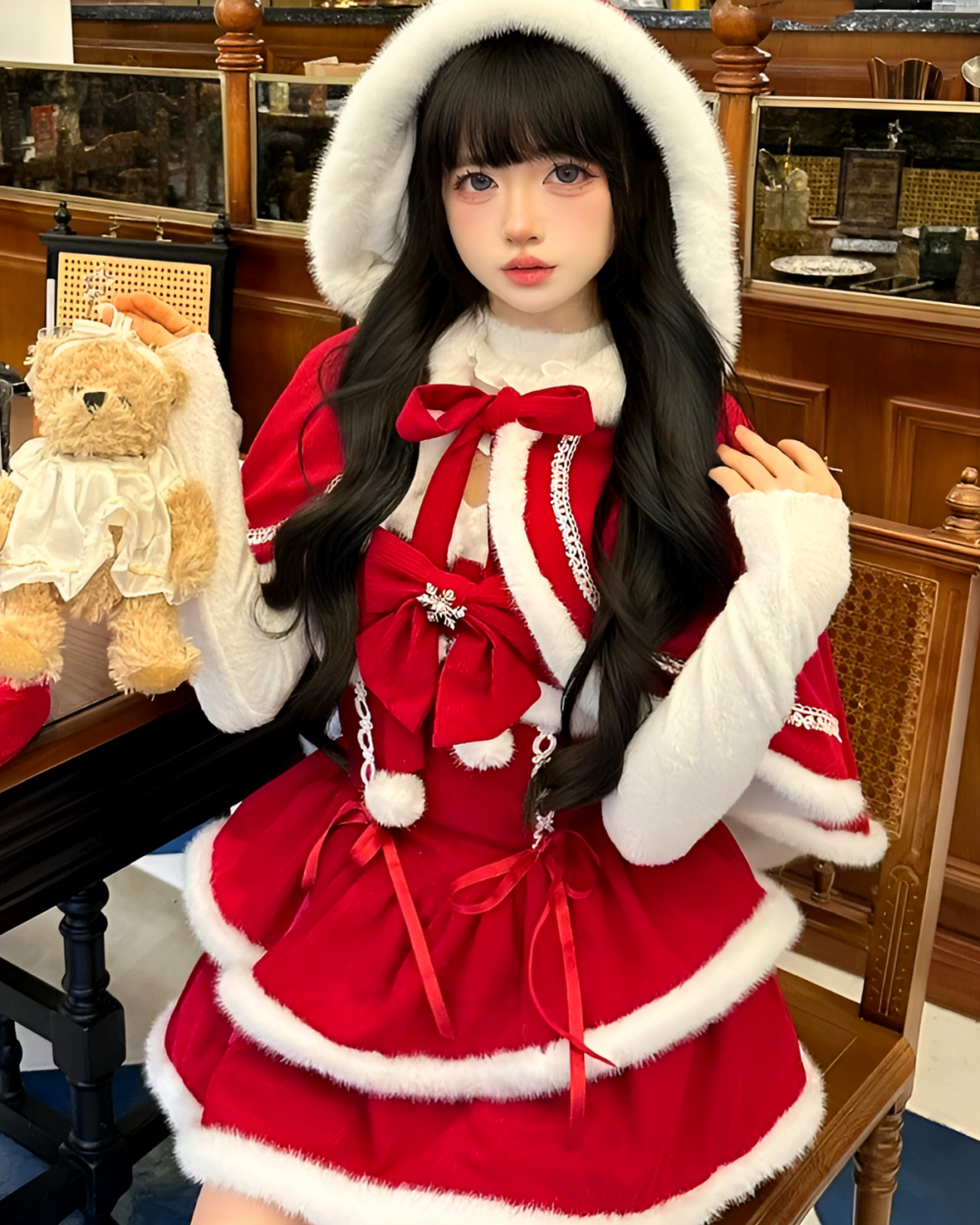 Model wearing a red Sweet Lolita dress with a white fur hood and trim, featuring snowflake details.