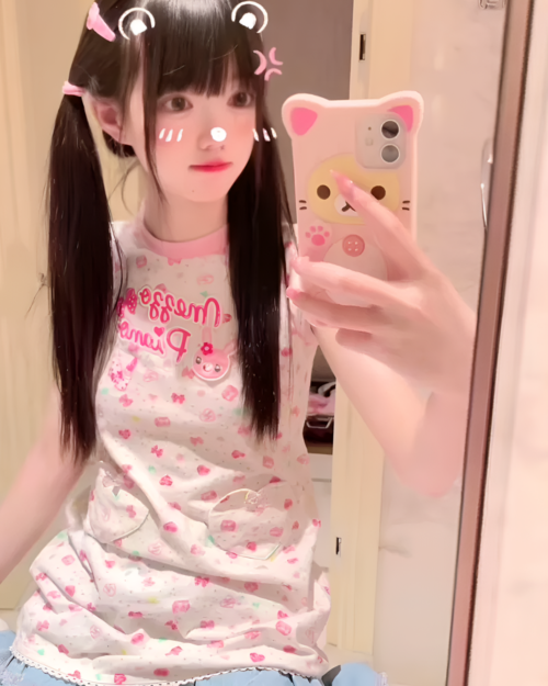 Woman modeling a Sweet Lolita top with a floral print and frills. Jojifuku aesthetic fashion.