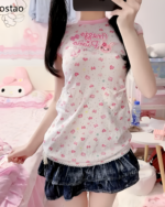 Pink Sweet Lolita top with a floral and heart pattern, featuring a cropped, fitted design. Jojifuku aesthetic.