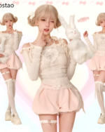 Creamy Sweet Lolita Set featuring a blouse, shorts, socks, and bunny plushie accessories.