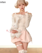 Model wearing a Creamy Sweet Lolita Set, featuring a lace top, tulle skirt, and thigh-high socks.