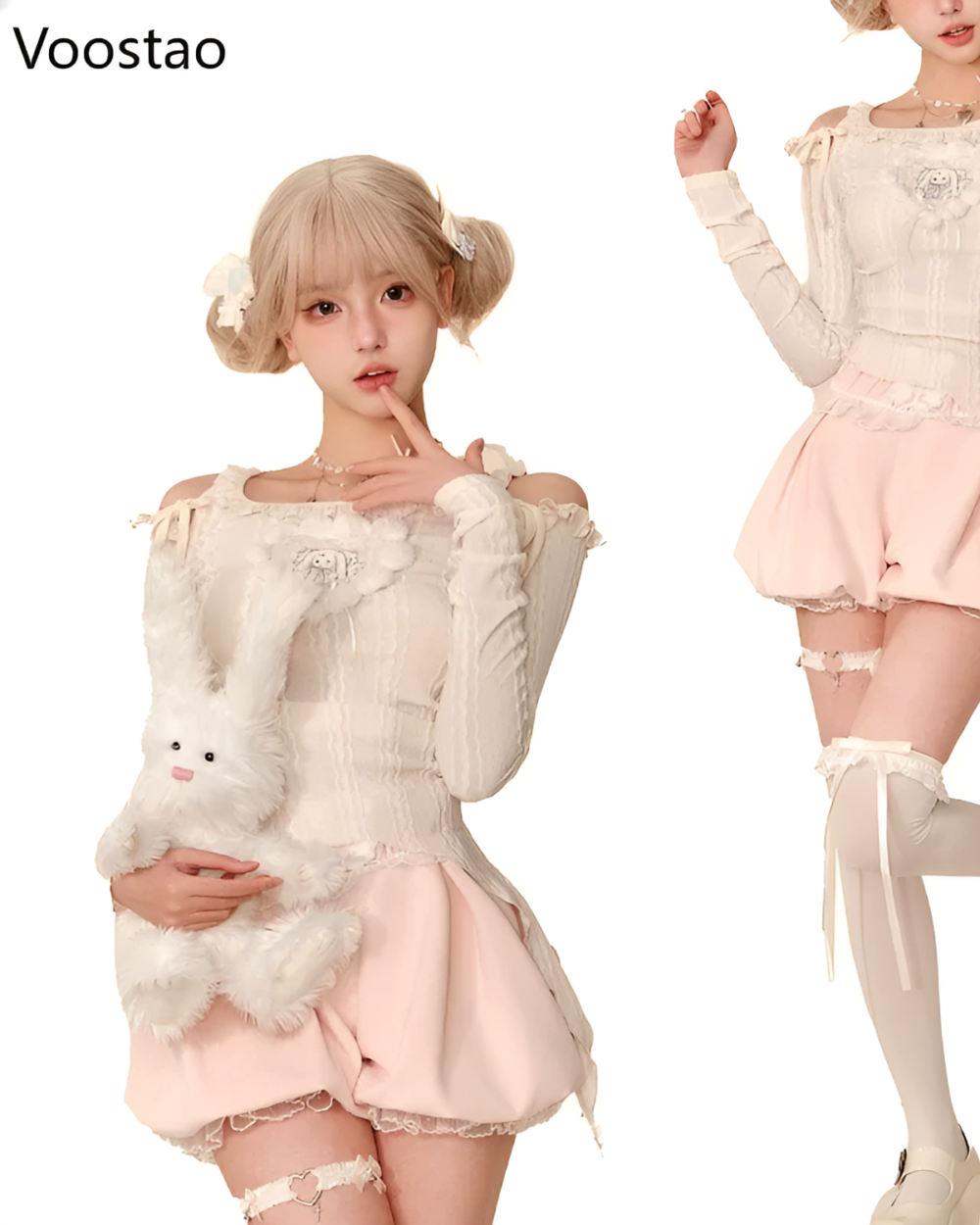 A model wearing the Sweet Lolita Set - Creamy Edition, featuring a long-sleeved top and layered skirt.