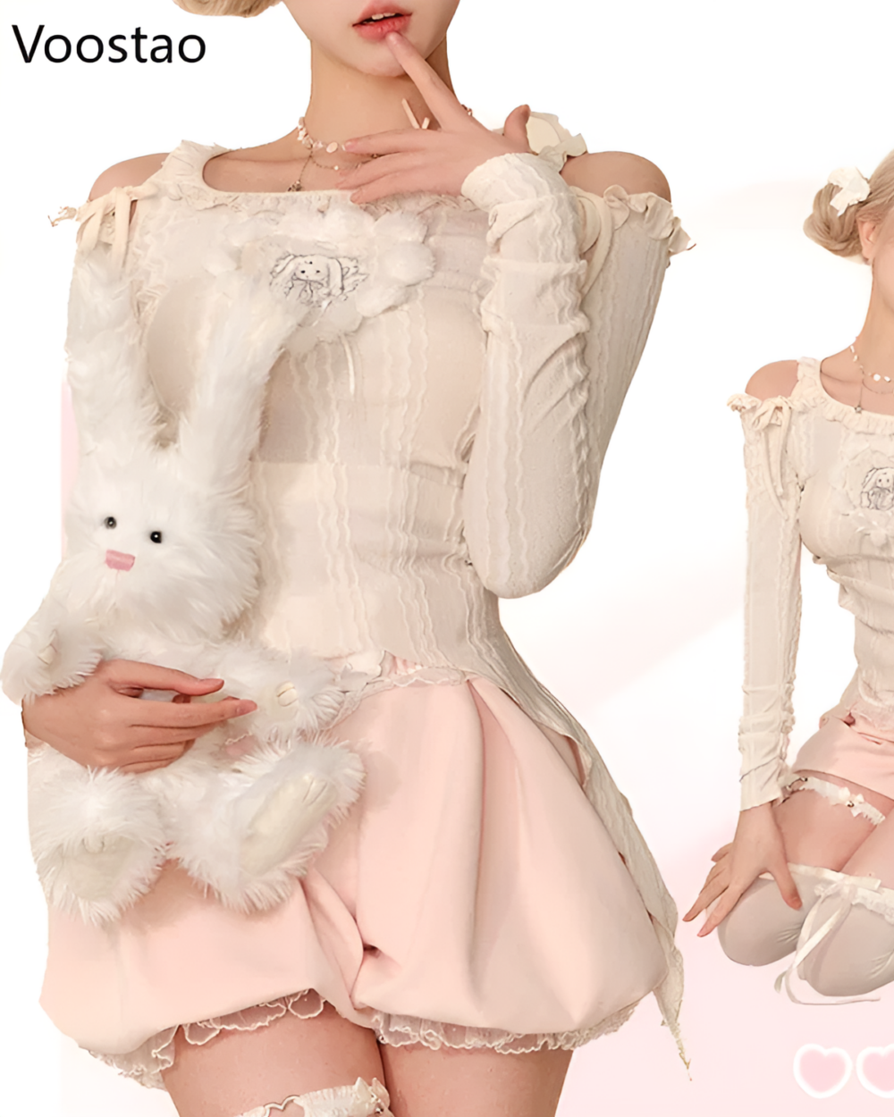 Creamy Sweet Lolita Set featuring a ruffled top and skirt, with plush bunny accessory.