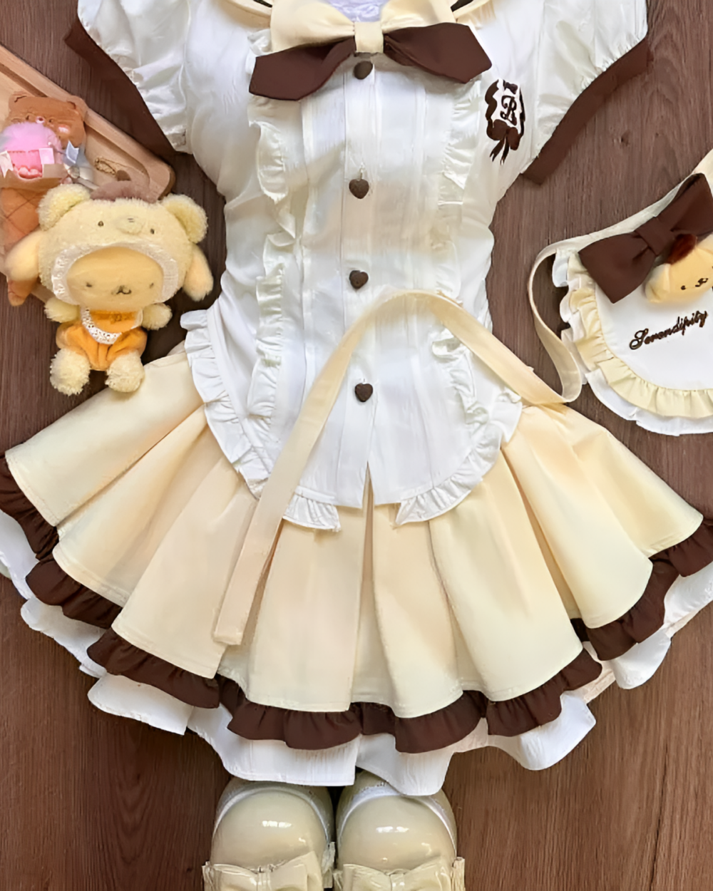 Sweet Lolita set - Pudding Edition, a cream-colored and brown dress with layered skirts and accessories.