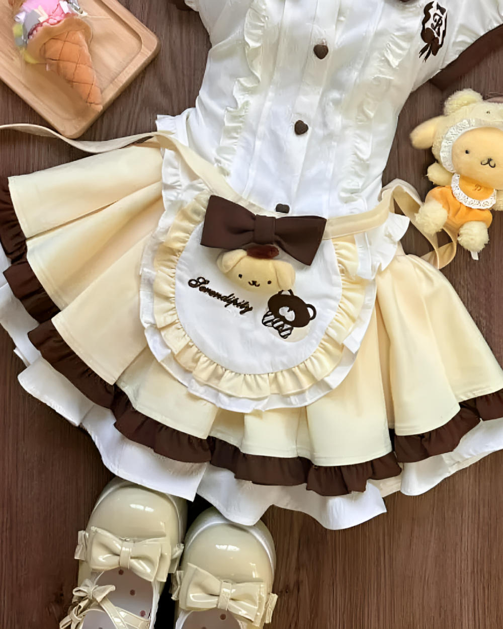 Sweet Lolita set - Pudding Edition, featuring a white blouse, brown skirt, and bear accents.