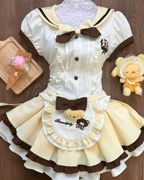 Sweet Lolita set - Pudding Edition, a cream and brown short-sleeve dress with apron and stuffed animals.