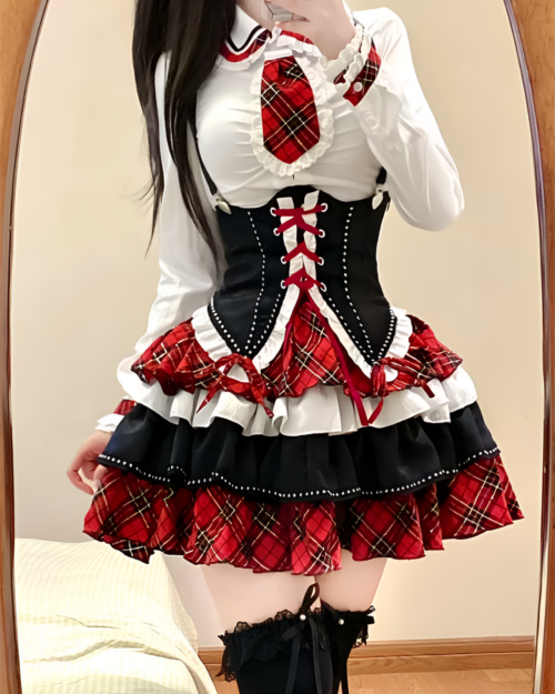 Sweet Lolita Set - Scottish Goth Edition featuring a white blouse, corset, and plaid skirt.