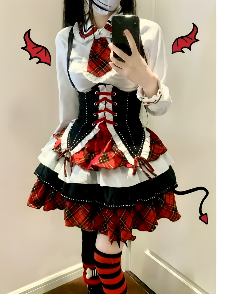 Sweet Lolita Set - Scottish Goth Edition: A black and red plaid dress with corset and ruffled skirt, featuring devil accents.