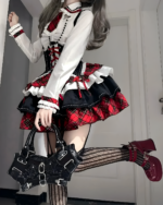 Sweet Lolita Set - Scottish Goth Edition featuring a white blouse, plaid skirt, and lace trim details.