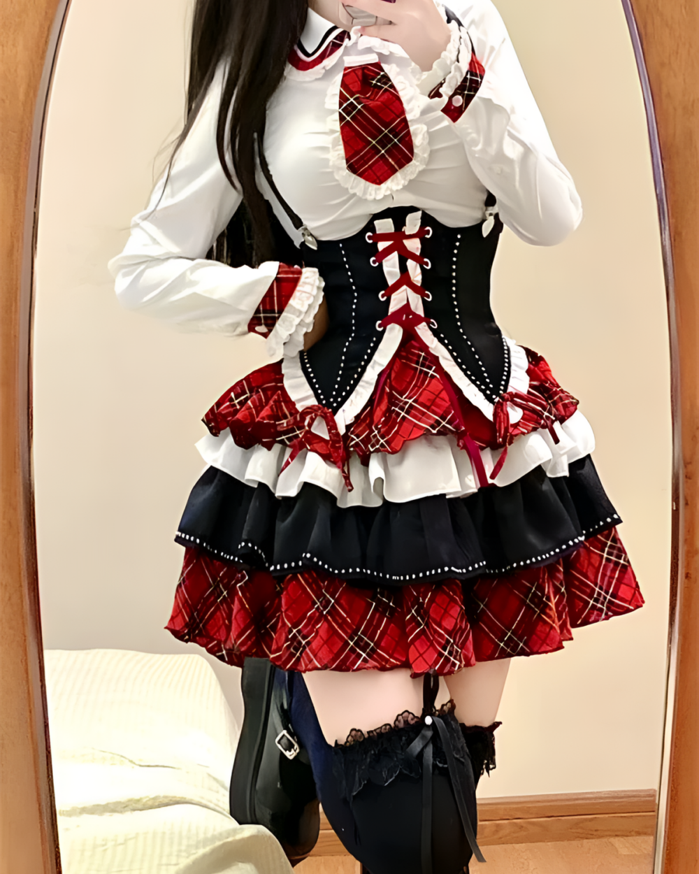 Sweet Lolita Set - Scottish Goth Edition, featuring a white blouse, corset, and plaid skirt with lace details.