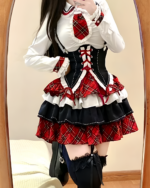 Sweet Lolita Set - Scottish Goth Edition, featuring a white blouse, corset, and plaid skirt with lace details.