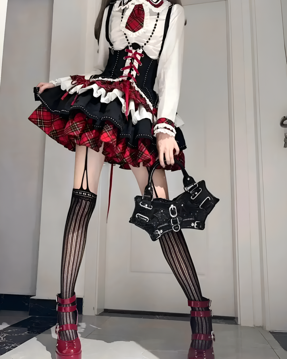 Sweet Lolita Set - Scottish Goth Edition, featuring a black & white lace corset, skirt, and thigh-high socks.