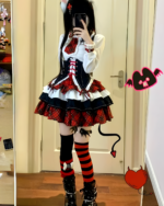 Model wearing a Sweet Lolita Set - Scottish Goth Edition, featuring a red plaid skirt, corset, and lace details.