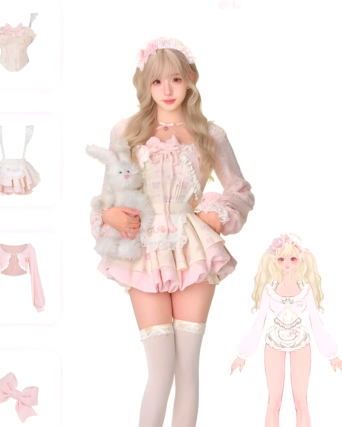 Sweet Lolita set featuring a pink dress, bunny plush, and stockings. Complete 3-piece outfit.