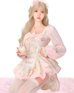 Sweet Lolita set featuring a pink dress, bonnet, and tea set; model wearing the outfit.