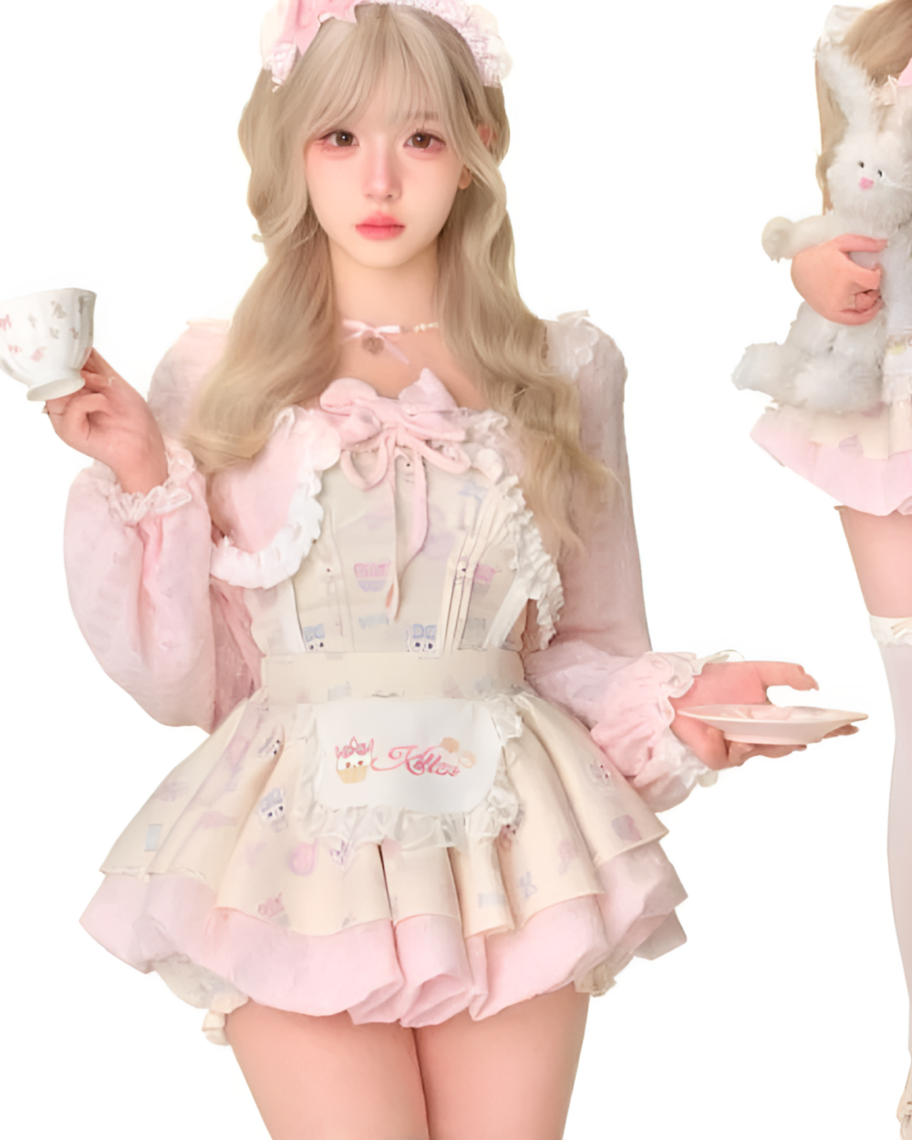 Sweet Lolita set featuring a girl with bunny plush toys and a teacup.