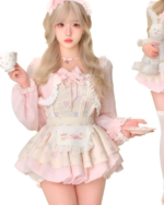 Sweet Lolita set featuring a girl with bunny plush toys and a teacup.