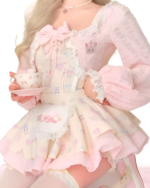 Sweet Lolita set featuring a pink bunny tea-themed dress, bloomers, and apron with lace details.
