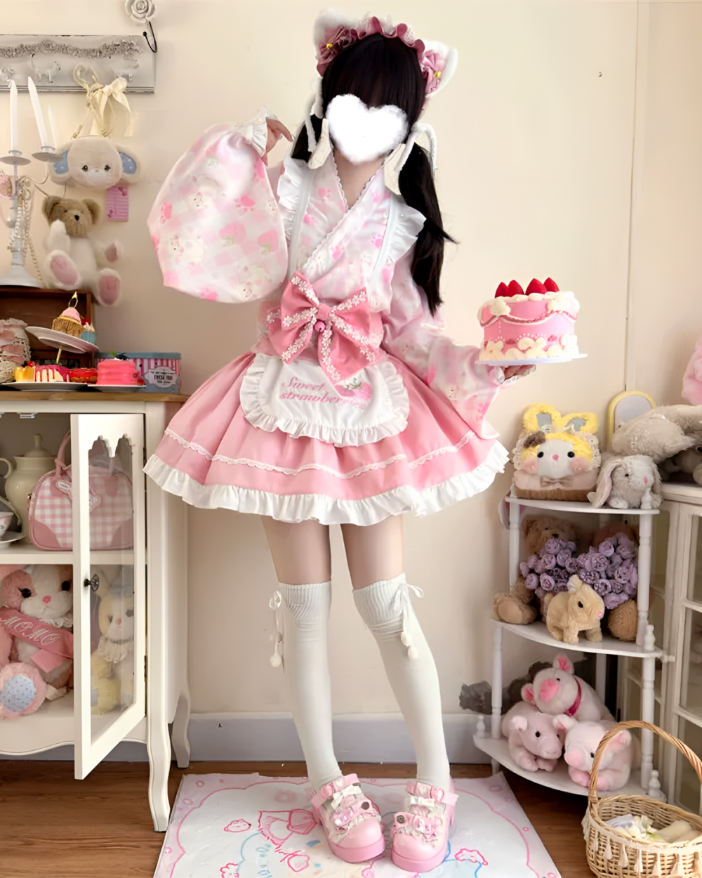 A pink sweet lolita dress with a frilly apron and layered skirt, accessorized with socks and shoes.