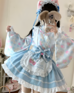 A sweet lolita dress featuring a blue and white floral print, lace trim, and a strawberry appliqué.