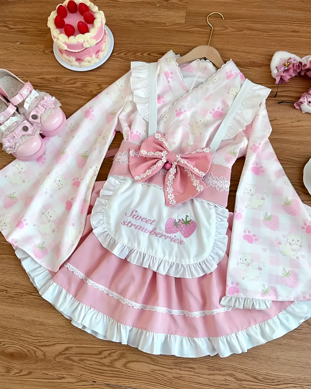 Sweet lolita dress with strawberry and cat details, complete with accessories.