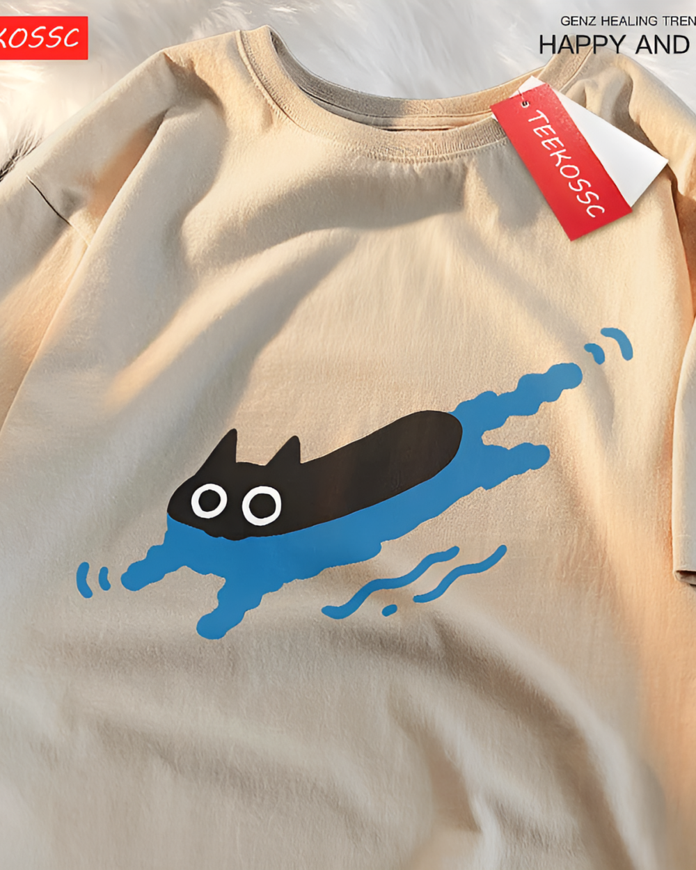 Kuro Neko T-Shirt with a graphic of a black cat swimming in blue waves. Beige cotton fabric.
