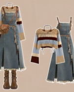 Two outfits from the autumn set: a denim skirt with a knitted sweater and a crochet bag.