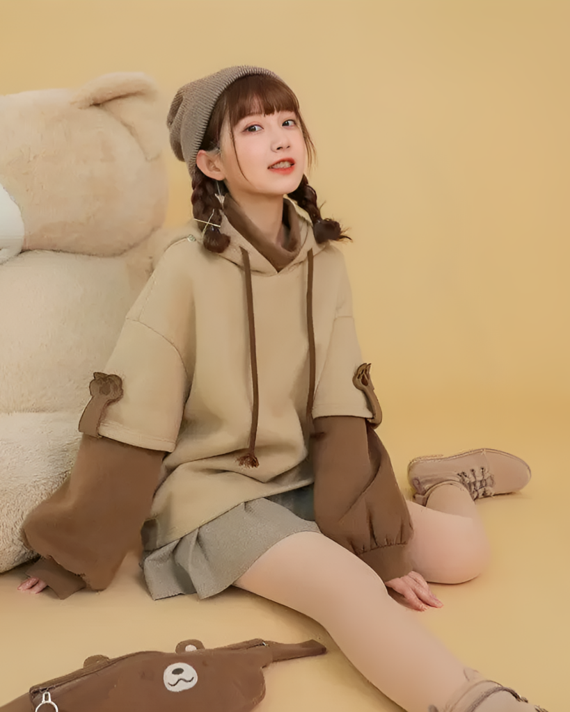 Model wearing The Bear Hoodie - Harajuku Aesthetic, featuring bear accents.