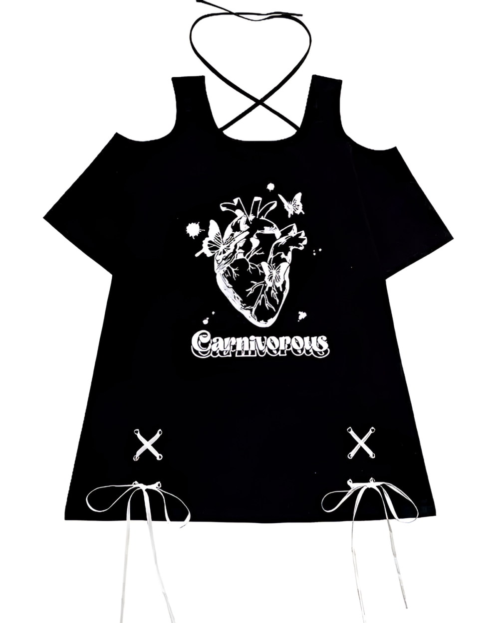 Black gothic oversized tee featuring a white heart and butterfly design, "Carnivorous" text, and lacing details.