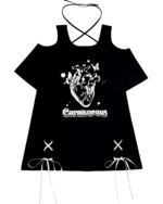 Black gothic oversized tee featuring a white heart and butterfly design, "Carnivorous" text, and lacing details.