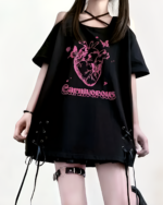 Black gothic oversized tee featuring a pink heart and butterfly print. The Carnivorous Tee.