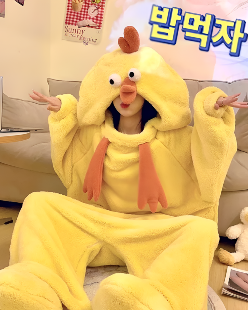 Person wearing a yellow Chicken Kigurumi, a fluffy animal onesie, with outstretched arms.