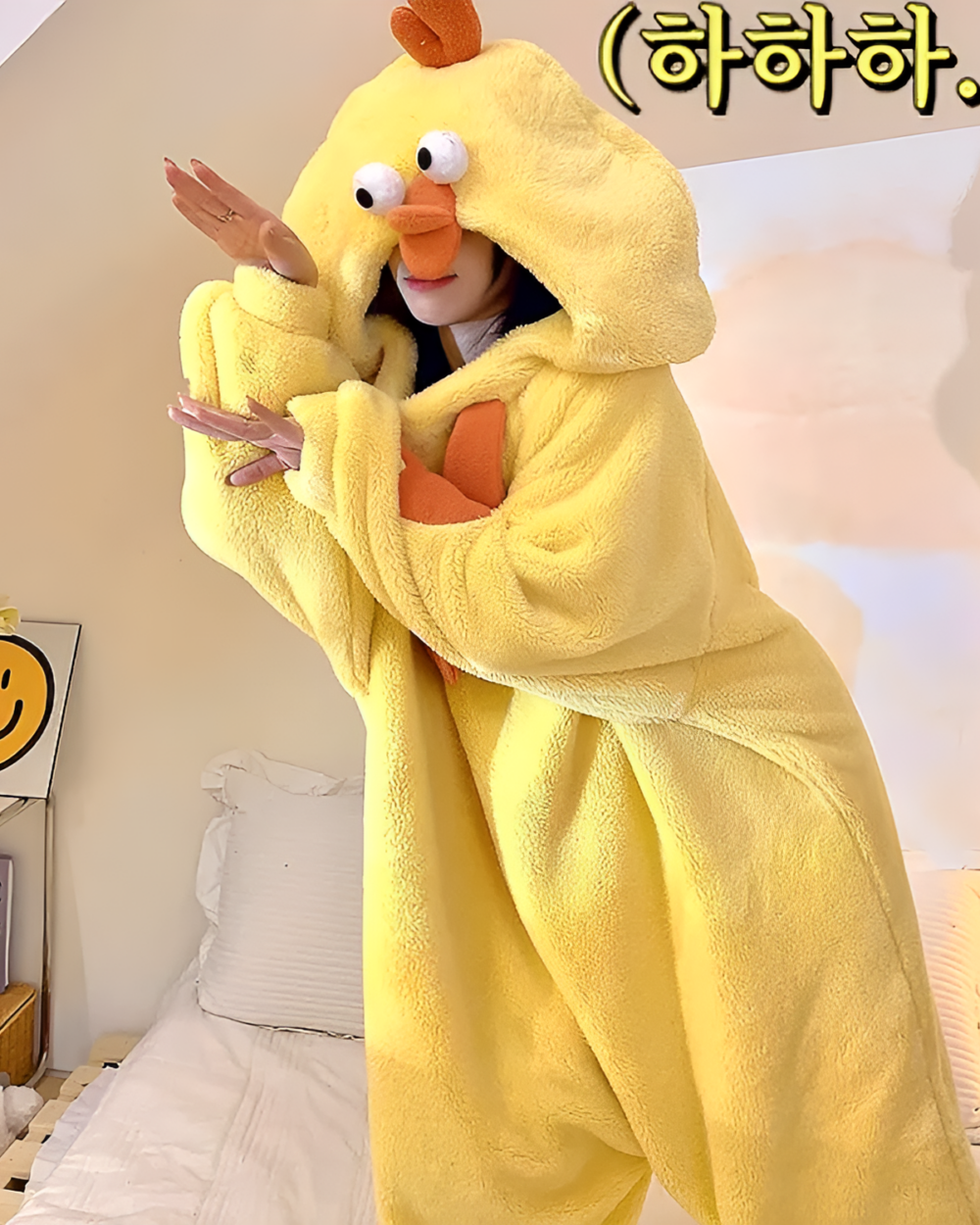 Person wearing a fluffy yellow Chicken Kigurumi costume, resembling a chick. Soft and cozy onesie.