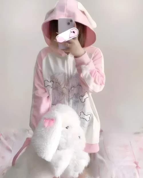 The Soft Puppy Hoodie featuring a pink bunny design and plush accents.