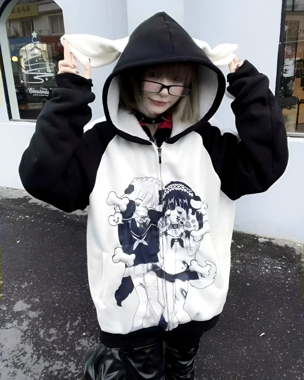 The Soft Puppy Hoodie in a cute aesthetic hoodie featuring a white and black design with anime characters.