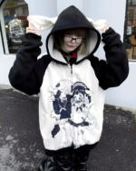 The Soft Puppy Hoodie in a cute aesthetic hoodie featuring a white and black design with anime characters.