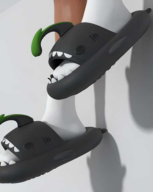 Close-up of Thick and Comfy Anglerfish Sandals, featuring a playful shark design.