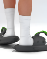 Thick and Comfy Anglerfish Sandals shown on feet with white socks.