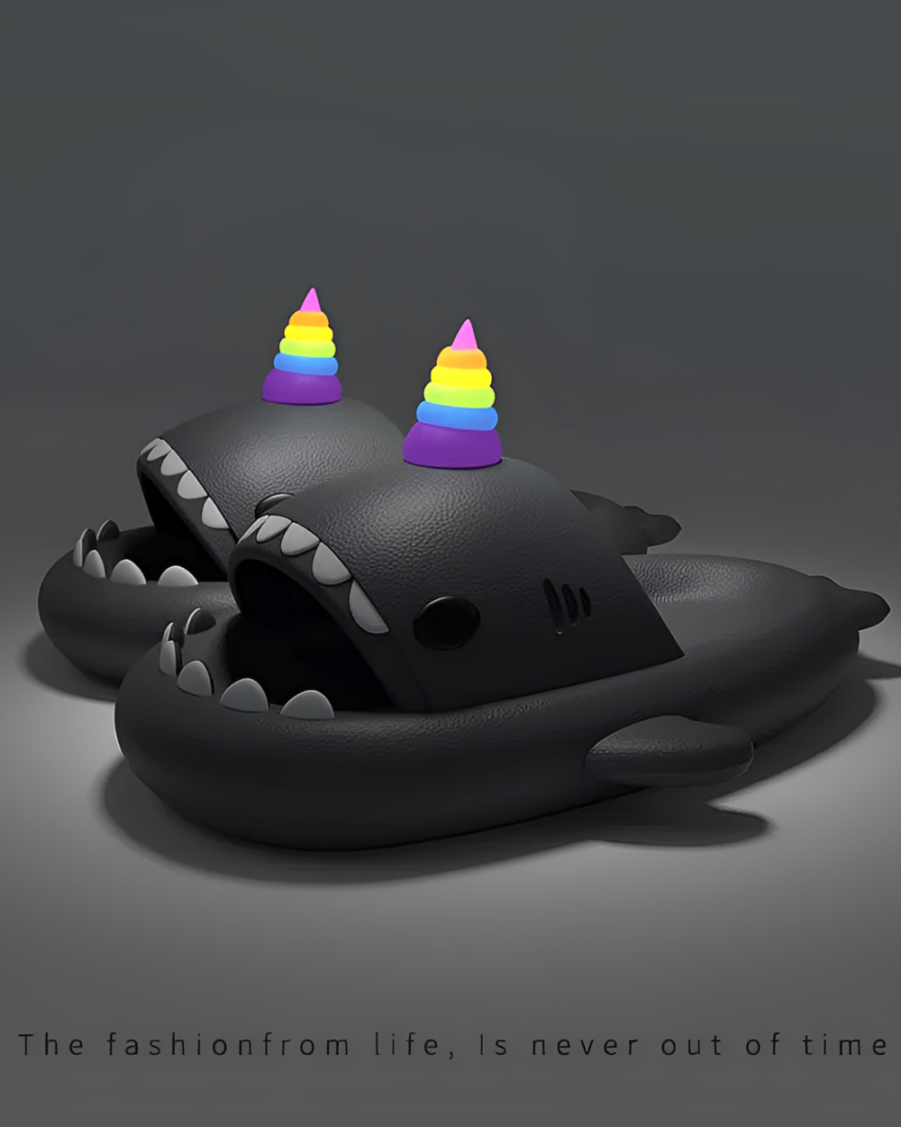 3D rendering of Thick and Comfy Anglerfish Sandals with colorful horns.