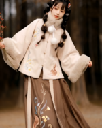 Qi Lolita Traditionally Inspired Fluffy Dress, featuring embroidery and faux fur trim.