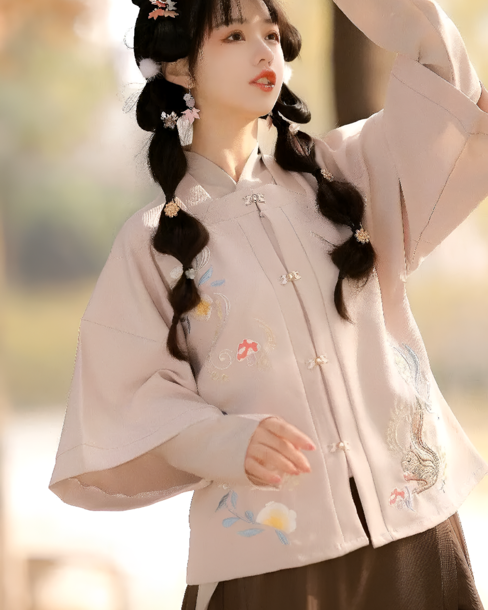 A beige Qi Lolita Traditionally Inspired Fluffy Dress with embroidery.