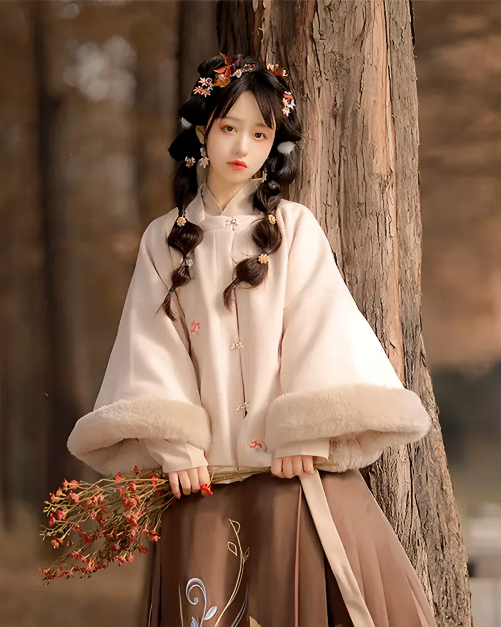 A model wearing a traditionally inspired fluffy dress from Qi Lolita, featuring embroidery and fur trim.
