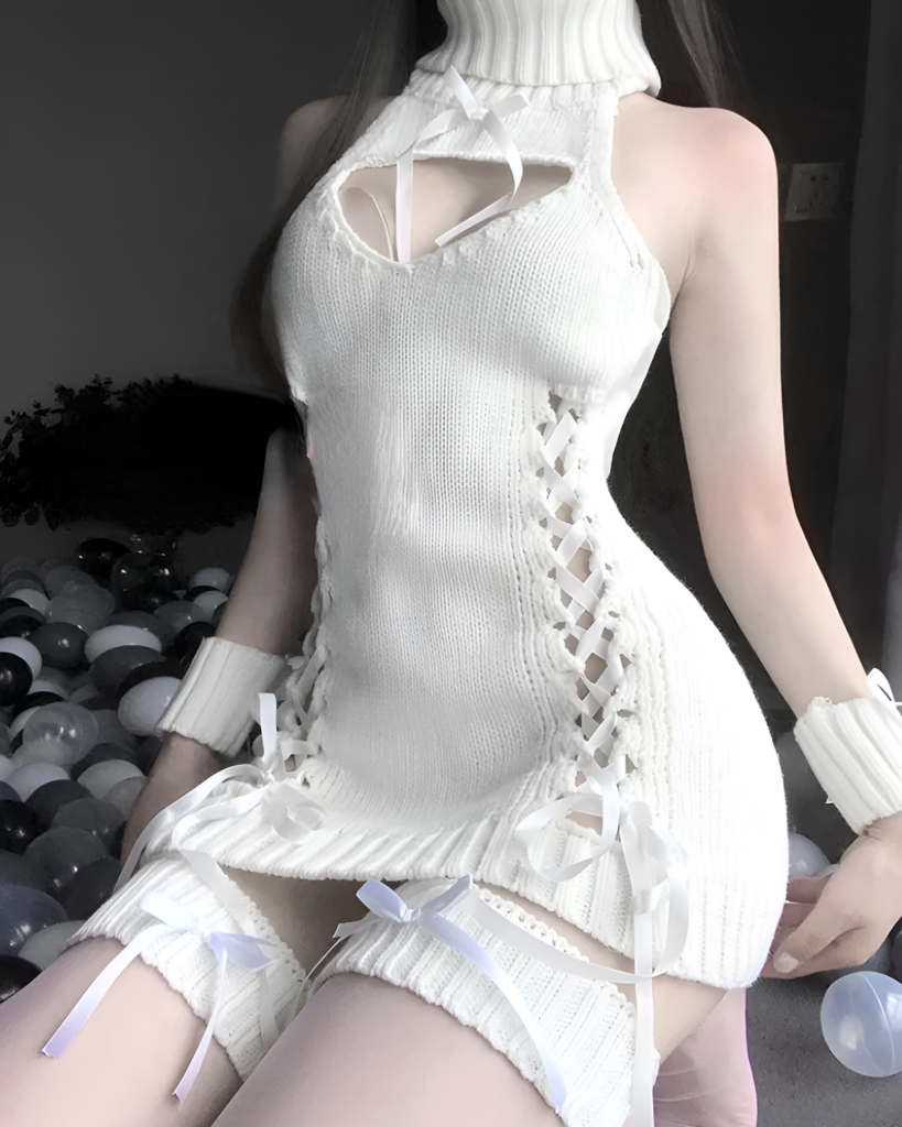 White turtleneck virgin killer lingerie with ribbons and cutouts. A cute and stylish knit dress.
