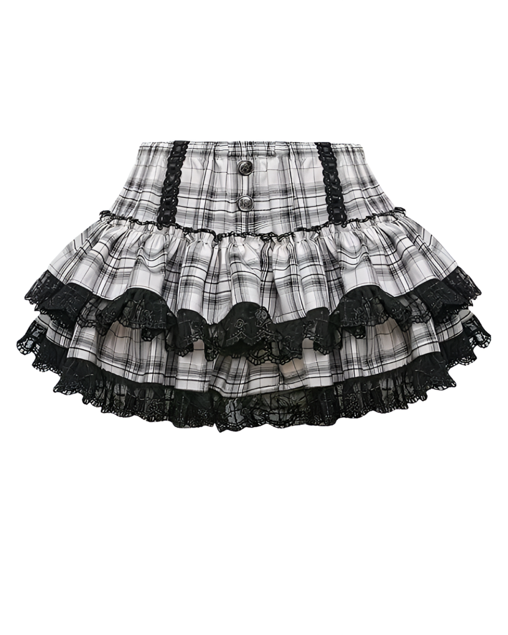 Black and white plaid Girly Kei dress skirt with lace trim and buttons.