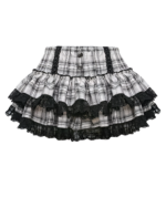 Black and white plaid Girly Kei dress skirt with lace trim and buttons.