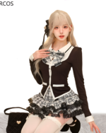 Two-Piece Dark Bowed Dress featuring a cardigan and plaid skirt, Girly Kei aesthetic.