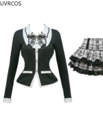 Two-Piece Dark Bowed Dress - Girly Kei aesthetic featuring a cardigan and plaid mini skirt.