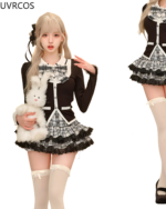 Two-Piece Dark Bowed Dress - Girly Kei dress, featuring a cardigan and plaid skirt, with thigh-high socks.